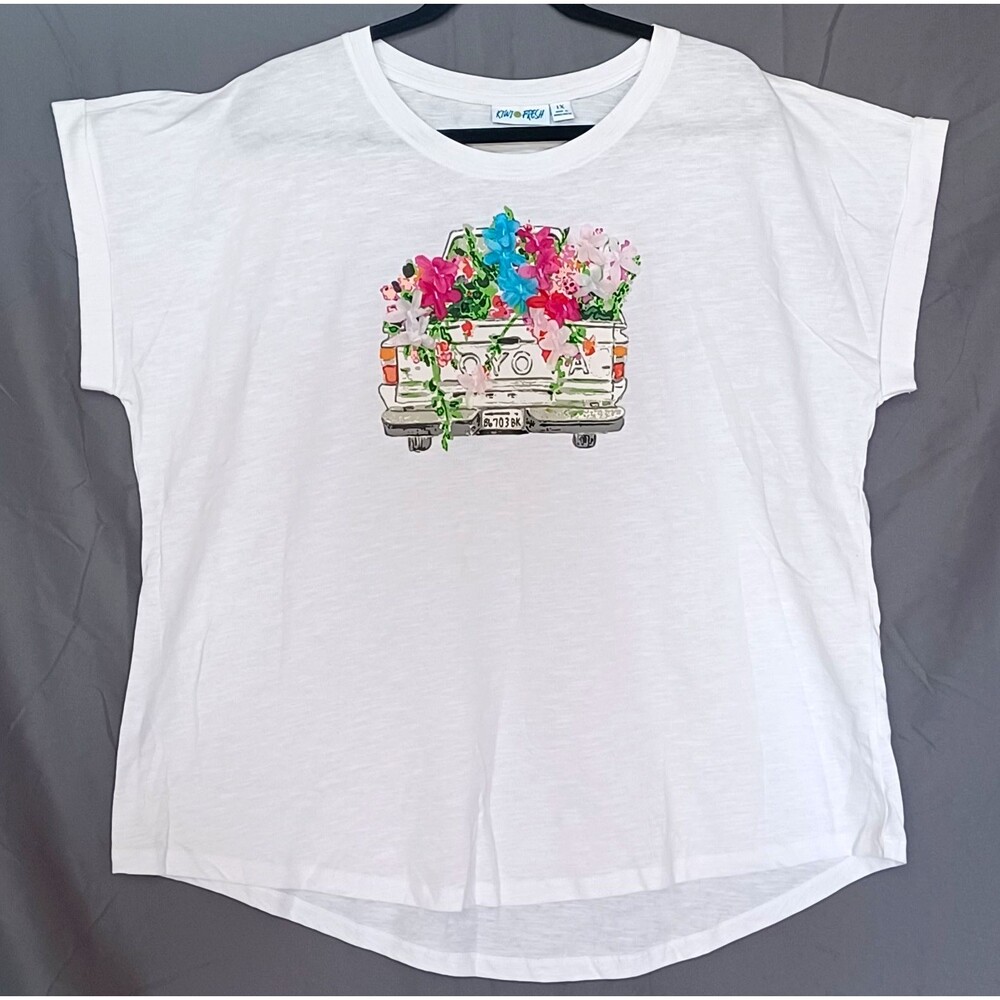 Kiwi Fresh Women's Plus 1X White Vintage Flower Truck Graphic Shirt Short Sleeve - Picture 2 of 8